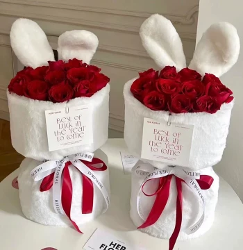 Hua Zhong Qing Little Rabbit Bunny Ear Plush Fabric Small Fragrant Style Round Bouquet Hug Bucket Fresh Flower Wrapping Cloth White