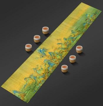 A Thousand Li of Rivers and Mountains Tea Mat, Chinese Zen Table Runner, Tea Table Cloth, Retro Famous Painting Waterproof Tea Flag, Long Tea Table Mat