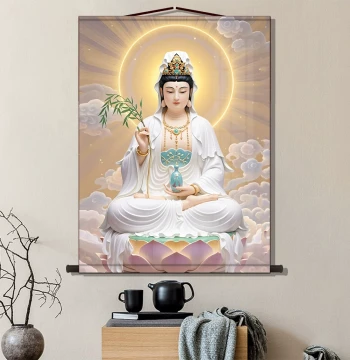 Three Feet Three Inches White-Robed Guanyin Dharma Image Savior Guanyin Bodhisattva Portrait Wall Art Buddha Statue Worship Affinity Scroll