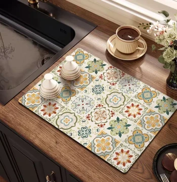 Kitchen Drainage Mat, Retro Dishwashing Desktop Pad, Silicone Countertop Absorbent Mat, Dining Table Pad, Quick-Dry Heat-Resistant Mat