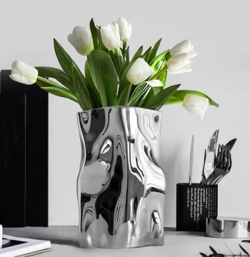 Premium Electroplated Silver Ceramic Vase Ornament, Creative Flower Arrangement Decor for Living Room and Dining Table