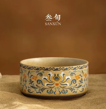 Sanxun Dunhuang Gold and Silver Inlay Interlaced Branch Pattern Tea Washing Basin, Large Household Tea Jar Water Bowl Water Rinse Tea Ceremony Accessories Jian Shui Tea Sea