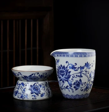 Ru Kiln Crackle Glaze Fairness Cup, Handle-less Ceramic Tea Strainer Set for Brewing and Serving, Chinese Style Kung Fu Tea Accessories