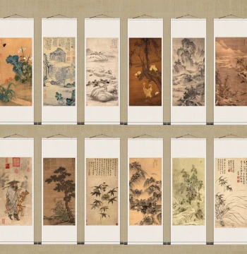 Ming Dynasty Famous Artist Calligraphy and Painting: Antique Scroll Painting for Office, Landscape, Flower and Bird Wall Art, Traditional Chinese Painting, Wen Zhengming's 'Leaning on a Staff by the Stream Bridge'