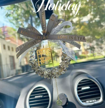 Premium Crystal Gray Car Pendant, Trendy Peace and Joy Rearview Mirror Charm, Heat-Resistant Car Decoration