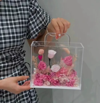 Transparent Acrylic Drawer Gift Box, Preserved Flower Handbag, Valentine's Day Birthday Gift Presentation Box with Handle
