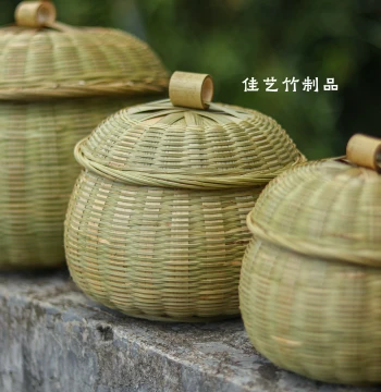 Bamboo Woven Pumpkin Basket with Lid - First-Layer Green Bamboo Round Egg Storage Basket, Tea Canister, Pure Handwoven