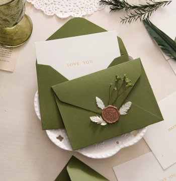 Vintage Avocado Green Envelope Greeting Card Wax Seal Set Premium Birthday Blessing Romantic Message Love Letter