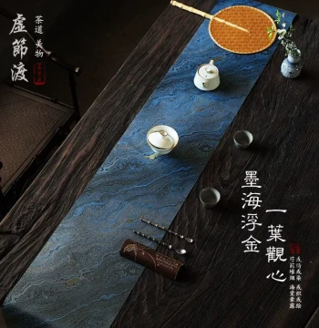 Ink Sea Floating Gold Table Runner: New Chinese Style Double-Sided Brocade, Zen Minimalist Luxury, Waterproof Tea Mat, Absorbent Tea Pad for Tea Tables and Dining Tables