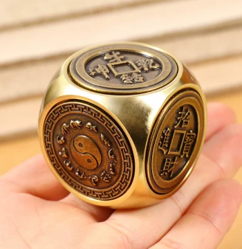 Brass Six-Sided Rotating Coin Hand Piece - Fortune Turner for Wealth and Luck, Desktop Decor for Entryway, Living Room, or Office