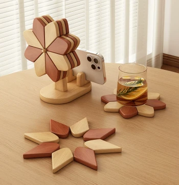 Windmill Coaster Heat Insulation Pad - High-Temperature Resistant Wooden Cup Mat, Bowl Pot Holder, and Integrated Phone Stand Decor