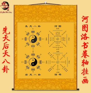 Bagua Taiji Diagram Hanging Scroll: Pre-Heaven and Post-Heaven Bagua, He Tu Luo Shu, Entryway Five Elements Chart, Feng Shui I Ching Zhou Yi Scroll