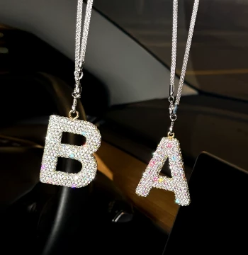 Rhinestone English Letter Car Hanging Ornament Premium Feel Car Rearview Mirror Diamond-Studded Pendant Hanging Decor Interior Decoration for Women