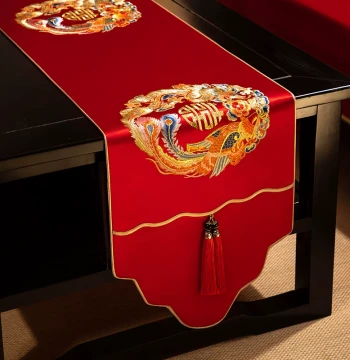 Chinese Wedding Red Table Runner Festive Tea Table Cloth New Chinese Style Embroidered Cover Cloth Wedding Double Happiness Tea Table Mat Bed Flag