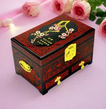 Wedding Dowry Jewelry Box, Pingyao Lacquerware with Copper Wire and Mother-of-Pearl Inlay, Storage Chest for Bridal Gifts