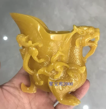 Yellow Dragon Jade Divine Beast Dragon Cup Handle Piece Imitation Jade Auspicious Beast Wine Cup Wine Cabinet Decoration Palace Jade Cup Ornament
