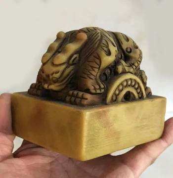 Yellow Dragon Jade Carved Mythical Beast Seal, Antique-Style Aged Collectible, Double-Beast Jade Seal and Imperial Stamp with Custom Seal Carving for Home Protection