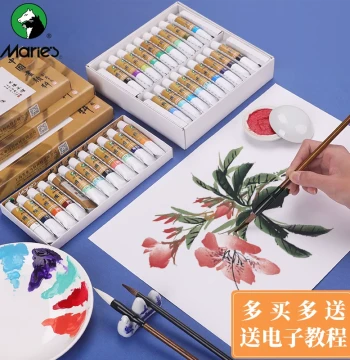 Marie's Chinese Painting Pigment Beginner Set Complete Tools 12 Colors 24 Colors Brush Ink Wash Traditional Chinese Paint Marie Brand Gongbi Painting Special Materials Mary Elementary Student Introductory Flagship Store