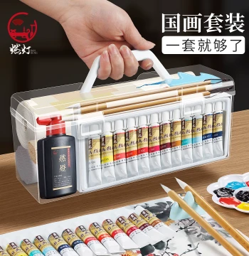 Randeng Chinese Painting Paint Set for Beginners, Portable Complete Kit for Elementary Students Including Brushes and Materials, 12/24 Colors, Professional Ink Wash Painting Starter Set for Art Students with Storage