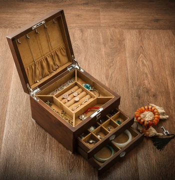 Yaotao (Accessories) Russian Elm Solid Wood Jewelry Box - Multi-Layer Collection Chest with Lock for Jewelry Storage