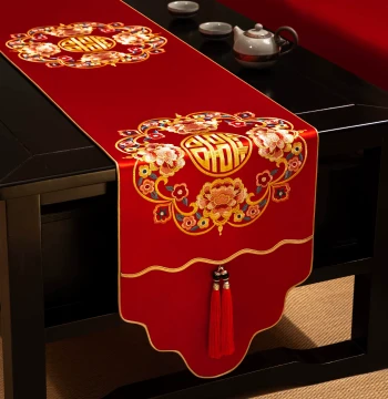 Red Chinese Double Happiness Wedding Table Runner, Luxury High-End Bridal Room Decor, Dining Coffee Table Cloth for Wedding Supplies