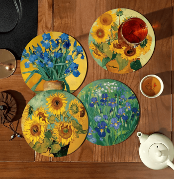 Placemat Absorbent Non-Slip Table Mat Round Desktop Heat Insulation Pad Art Van Gogh Sunflower Leather Coaster Mat