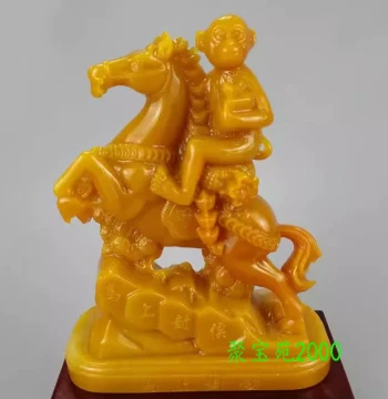 Natural Yellow Dragon Jade 'Immediate Promotion' Ornament - Exquisitely Carved Zodiac Horse Feng Shui Wealth Attractor with Monkey Motif (Imitation Jade)
