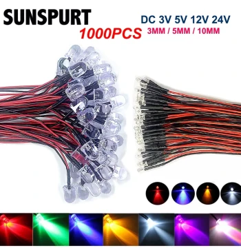 3-24V Wired Soldered Light Emitting Diode 10mm Wired Transparent Multi-Color Optional Through-Hole LED Beads Indicator Light Wire