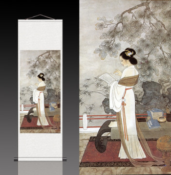 Antique Scroll Custom Silk Mural Silk Chinese Painting Scroll Painting Lady Reading Academy Office Decor Hanging Art