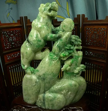 Natural Grade A Jade Ornament with Certificate, Free Shipping, Vibrant Green 'Tiger Roaring over Mountains and Rivers' Carving, Old Mine Material, Fine Carving with Fluorescence