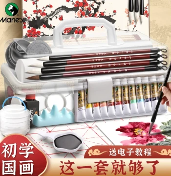 Marie's Chinese Painting Pigment Beginner Set for Elementary Students - Complete 12/24-Color Ink Wash Painting Kit with Brushes and Tools, Authentic Official Flagship Product