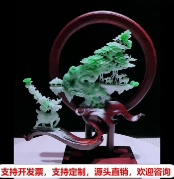 Natural Burmese Grade A Jadeite Unique Piece, Exquisitely Carved Old Pit Green 'Prosperity All the Way' Money Tree Ornament