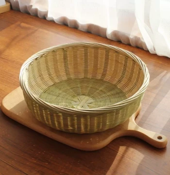 Woven Bamboo Basket with Base, Household Fruit Basket and Tray, Handmade Bamboo Products, Steamed Bun and Dim Sum Basket