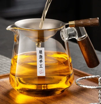 Premium Glass Fairness Cup with 2026 New Pure Titanium Tea Strainer Integrated Filter Set, Wooden-Handle Tea Server for Brewing