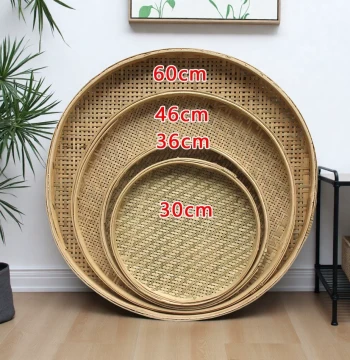 Bamboo Winnowing Basket, Household Perforated/Non-Perforated Bamboo Sieve, Flat Tray for Drying Rice, Bamboo Weaving Tool