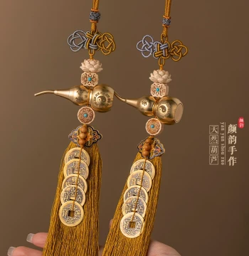 Five Emperor Coins Door-to-Door Pure Brass Gourd Pendant, Auspicious Knot and Lotus Copper Coin Ornament for Main Door Facing Bedroom or Bathroom