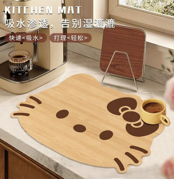 Wood-Grain Kitty Kitchen Countertop Absorbent Mat - Coffee Machine Drain Pad, Heat-Resistant Bowl, Plate, and Cup Mat, Wipeable