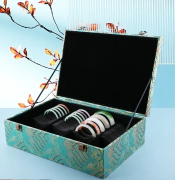 Bracelet Storage Box Large Capacity Multi-Slot High-End Vintage Brocade Solid Wood Lid Special Jewelry Case for Jadeite and Jade Bangles