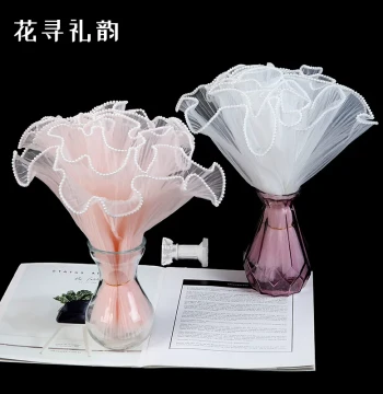 Pearl Wavy Tulle with Wave and Flower Patterns for Bouquet Wrapping, Crinkled Mesh Netting for Floral Arrangements, White Florist Supplies