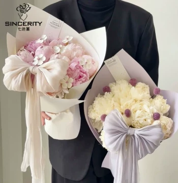 Seven-Colored Pansy French Pearl Satin Wrapping Mesh Fabric, Bow Knots, and DIY Floral Decoration Materials for Flower Shops