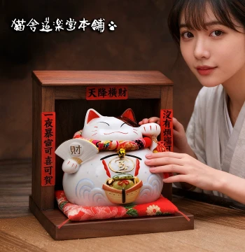 Wealth Fan Lucky Cat Ornament, Housewarming Gift for Reception and Entrance, 2026 New Large Japanese Style Wealth-Attracting Cat