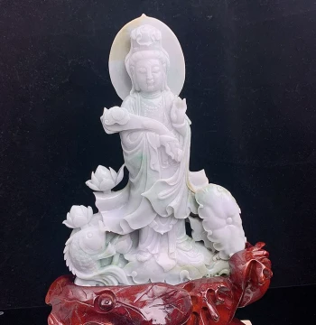 Natural Jadeite Large Guanyin Ornament - Type A Old Pit Species Fine Carving with Base and Certificate SG