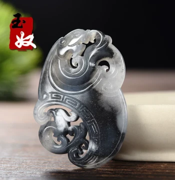 Xinjiang Yulong Kashi River Natural White-Skinned Seed Jade, Ink Jade & Blue-and-White Pattern, Antique Dragon & Phoenix Peace Pendant, 12.7g