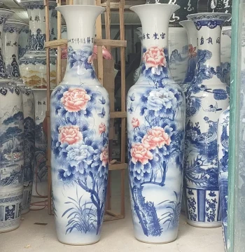 Jingdezhen Large Ceramic Floor Vase with Hand-Painted Underglaze Blue and White Porcelain Featuring Lotus and Peony Designs for Business Opening Celebrations and Gifts
