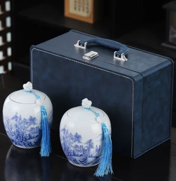 Wooden Tea Gift Box, Empty Packaging Box for Pu'er Tea, Purple Clay Tea Canister, Premium Ceramic Red and White Tea Containers