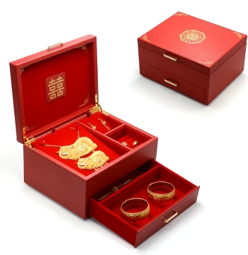 Wedding Five-Gold Jewelry Box - Traditional Chinese Style Engagement Gift Box for Three Gold Pieces, Festive Red Presentation Case