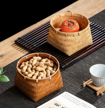 Natural Handwoven Bamboo Small Basket Square Bottom Round Mouth Snack Storage Bin Home Retro Mini Basket
