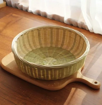 Bamboo Woven Basket with Base Home Fruit Basket Fruit Tray Handmade Bamboo Product Steamed Bun Basket Dim Sum Basket Bamboo Container