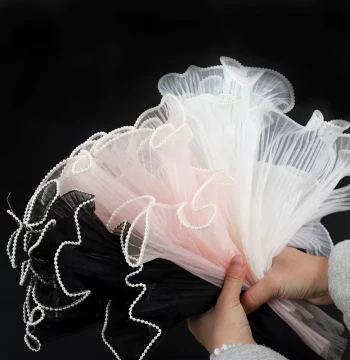 Viral Pleated Pearl Wave Tulle Fresh Flower Bouquet Packaging Material Florist Korean Style Wavy Netting White Pleated Lotus Leaf Tulle