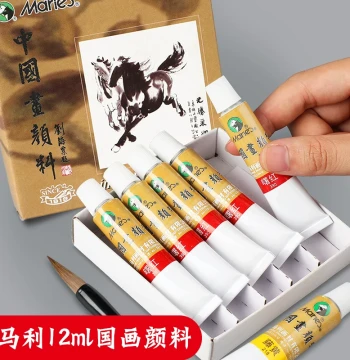 Marie's 5-Piece Set 12ml Chinese Painting Paints Gamboge and Indigo Large Capacity 5-Tube Set for Landscape, Ink Wash, and Gongbi Painting – Single Colors: White, Ochre, Dawn Red, Vermilion, Triple Green, Gamboge